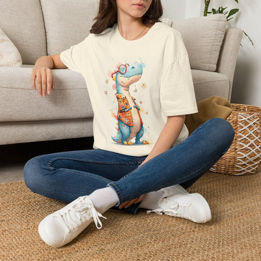 Cute Blue Dinosaur Graphic T-Shirt — Nerdy Dino Wearing Glasses & Hawaiian Shirt