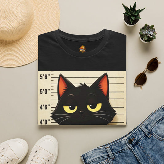 Mugshot Black Cat T-Shirt — “Yes I Did It, I’m Not Sorry” Cat Mugshot Tee