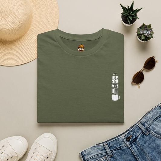Coffee T-Shirt — "Ideas Come After Coffee" Minimal Pocket Graphic