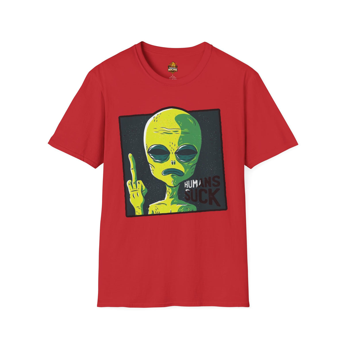 Alien Graphic T-Shirt — Retro Green Alien Flipping Off Humans Tee