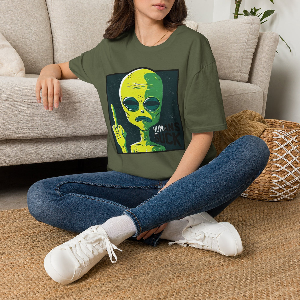 Alien Graphic T-Shirt — Retro Green Alien Flipping Off Humans Tee