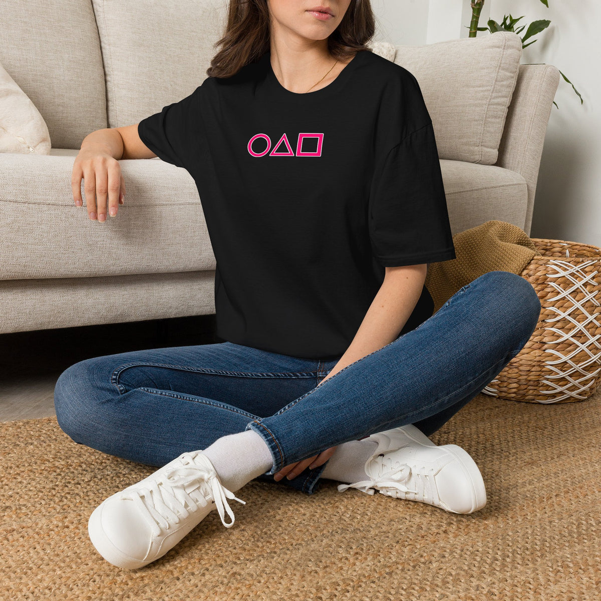 T-Shirt — Pink Circle Triangle Square Minimalist Gaming Symbols Tee