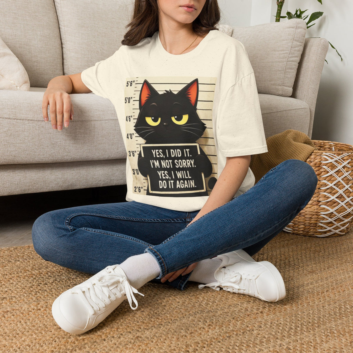 Mugshot Black Cat T-Shirt — “Yes I Did It, I’m Not Sorry” Cat Mugshot Tee