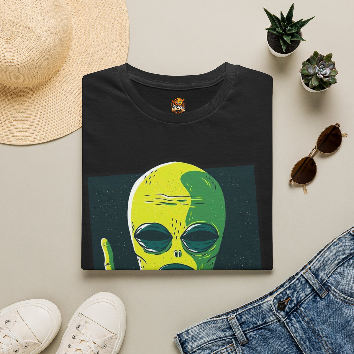 Alien Graphic T-Shirt — Retro Green Alien Flipping Off Humans Tee