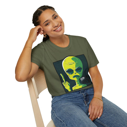 Alien Graphic T-Shirt — Retro Green Alien Flipping Off Humans Tee