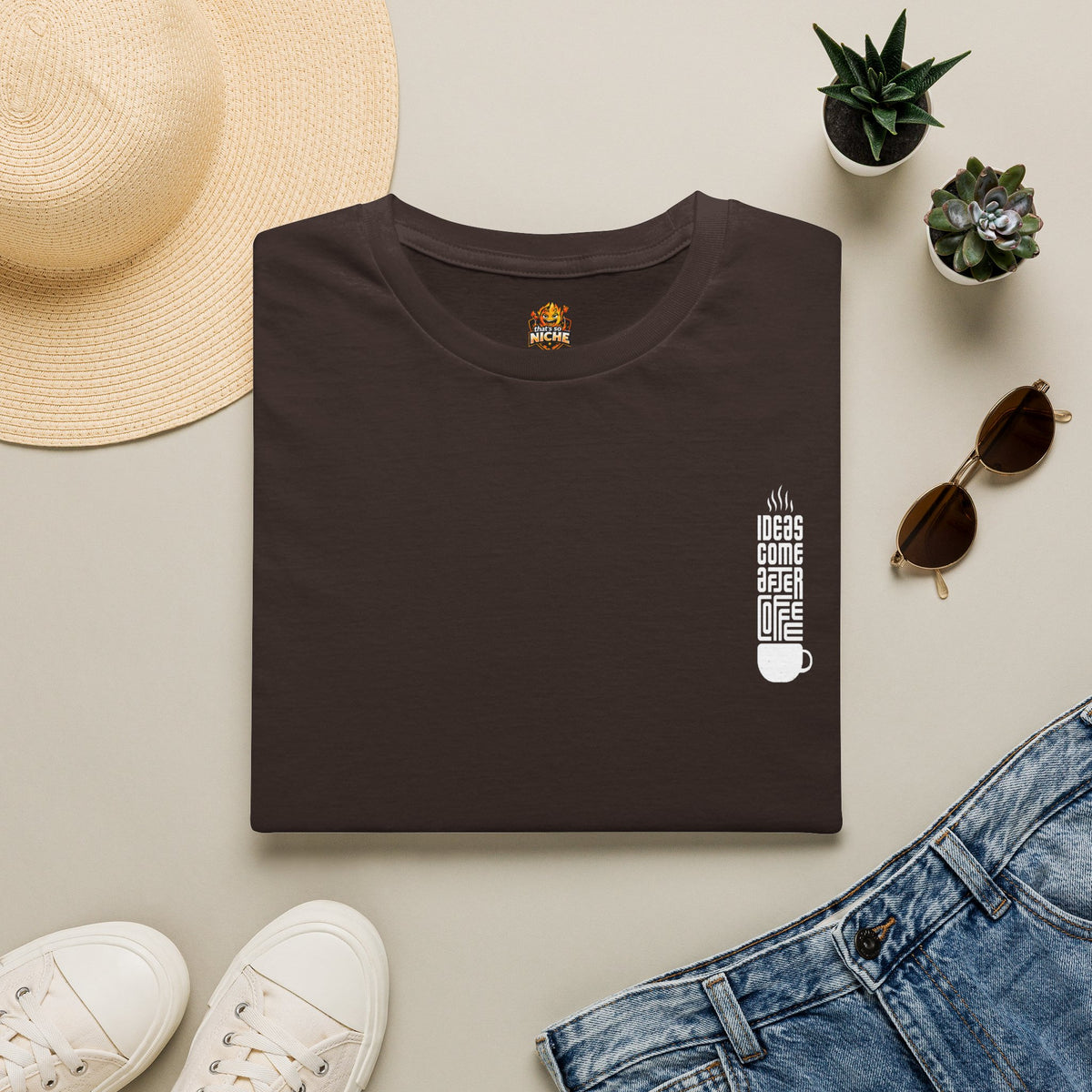 Coffee T-Shirt — "Ideas Come After Coffee" Minimal Pocket Graphic