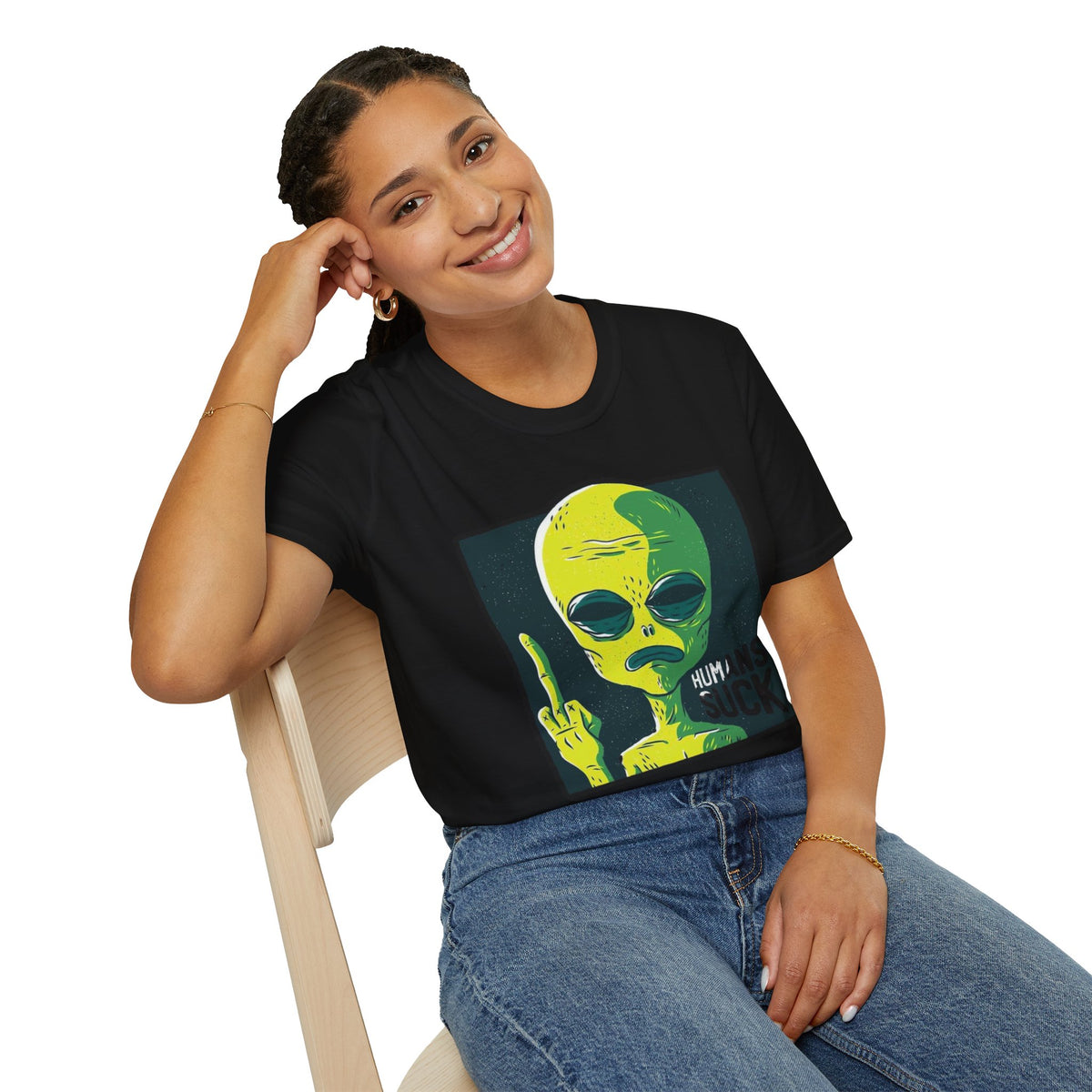 Alien Graphic T-Shirt — Retro Green Alien Flipping Off Humans Tee