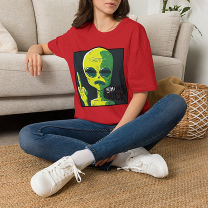 Alien Graphic T-Shirt — Retro Green Alien Flipping Off Humans Tee