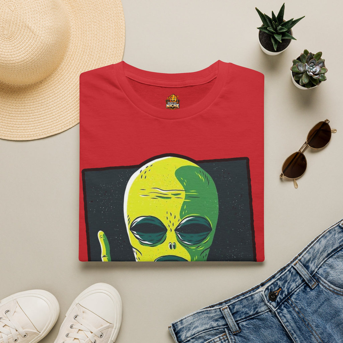 Alien Graphic T-Shirt — Retro Green Alien Flipping Off Humans Tee