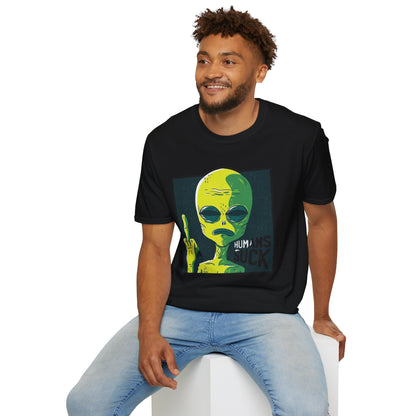 Alien Graphic T-Shirt — Retro Green Alien Flipping Off Humans Tee