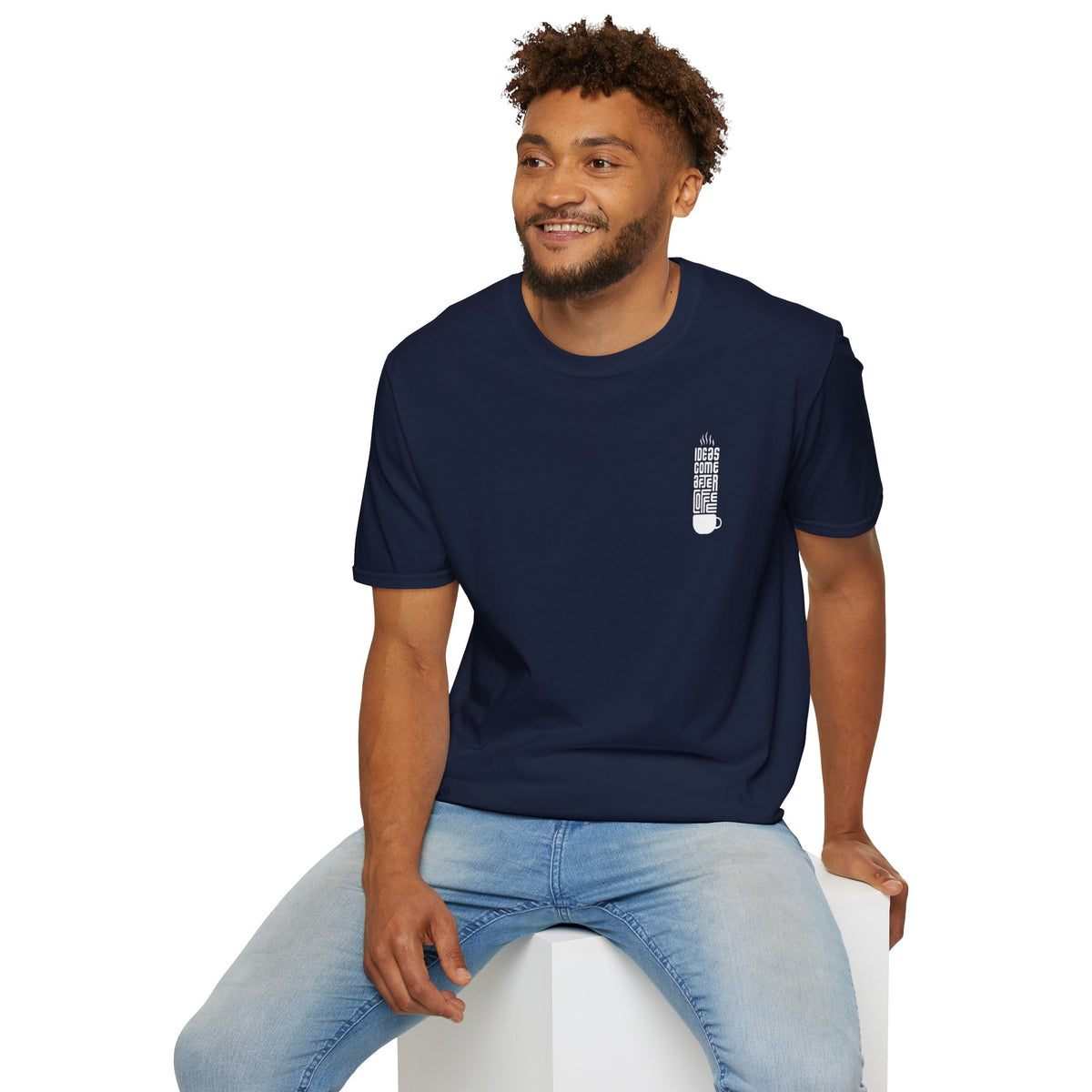 Coffee T-Shirt — "Ideas Come After Coffee" Minimal Pocket Graphic