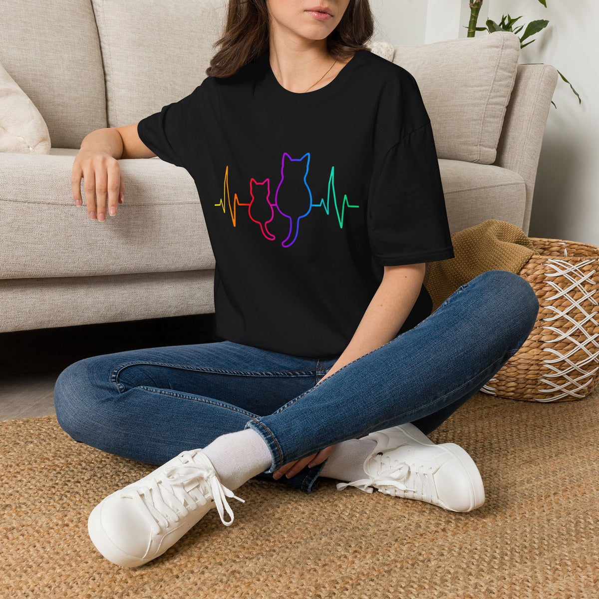 Cat Heartbeat T-Shirt — Rainbow Paw Pulse Graphic Tee