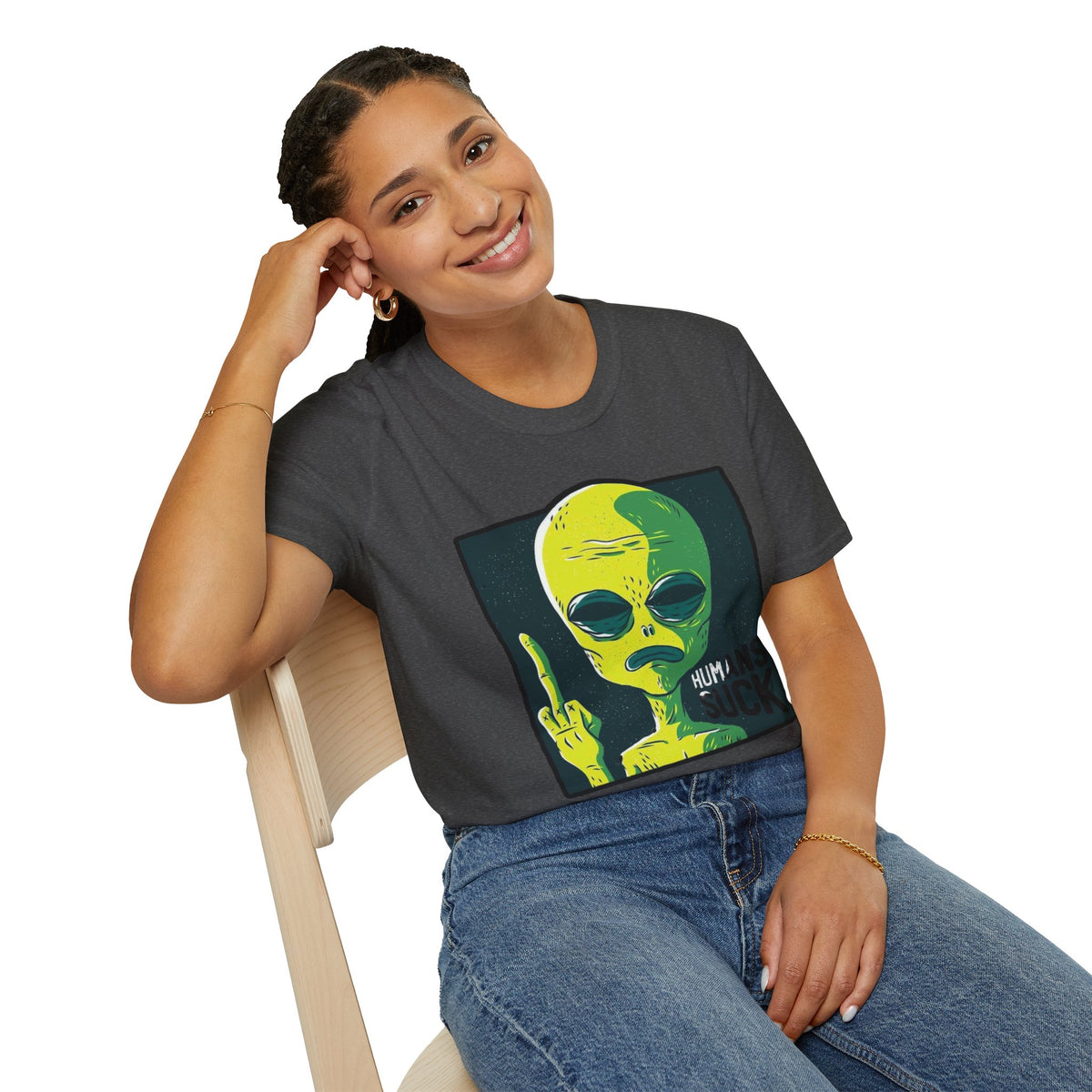 Alien Graphic T-Shirt — Retro Green Alien Flipping Off Humans Tee