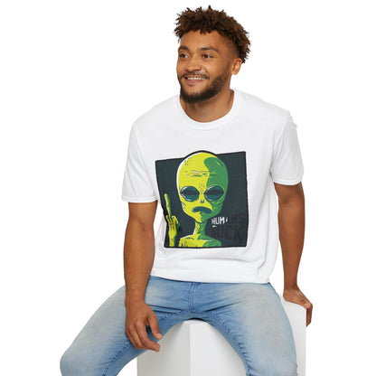 Alien Graphic T-Shirt — Retro Green Alien Flipping Off Humans Tee