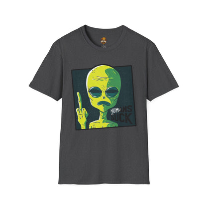 Alien Graphic T-Shirt — Retro Green Alien Flipping Off Humans Tee