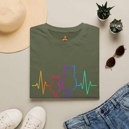Cat Heartbeat T-Shirt — Rainbow Paw Pulse Graphic Tee