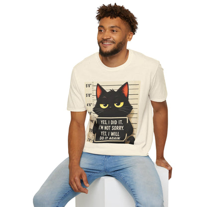 Mugshot Black Cat T-Shirt — “Yes I Did It, I’m Not Sorry” Cat Mugshot Tee