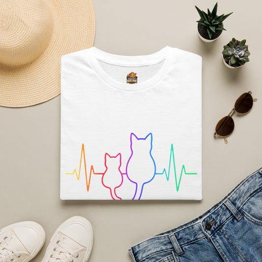 Cat Heartbeat T-Shirt — Rainbow Paw Pulse Graphic Tee