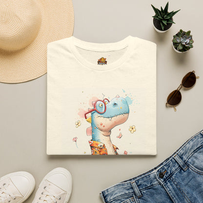 Cute Blue Dinosaur Graphic T-Shirt — Nerdy Dino Wearing Glasses & Hawaiian Shirt