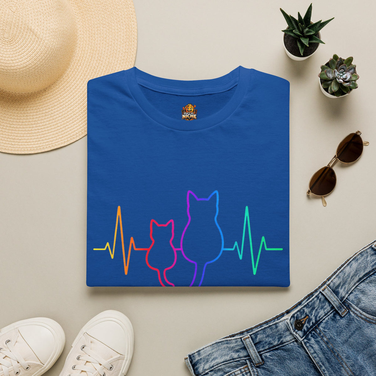 Cat Heartbeat T-Shirt — Rainbow Paw Pulse Graphic Tee