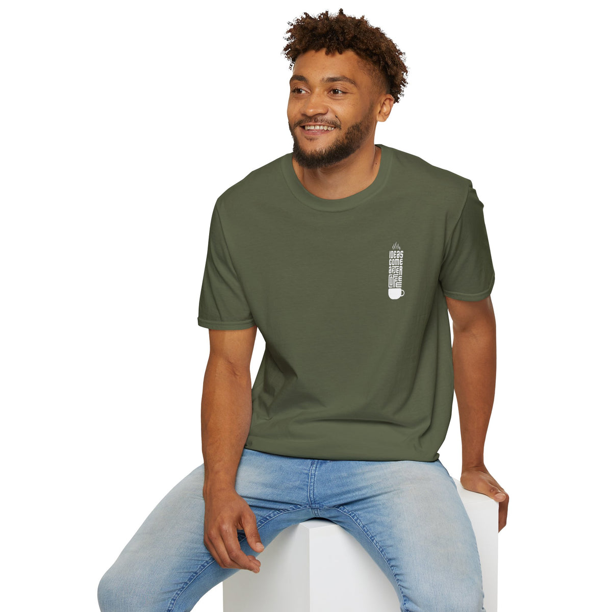 Coffee T-Shirt — "Ideas Come After Coffee" Minimal Pocket Graphic