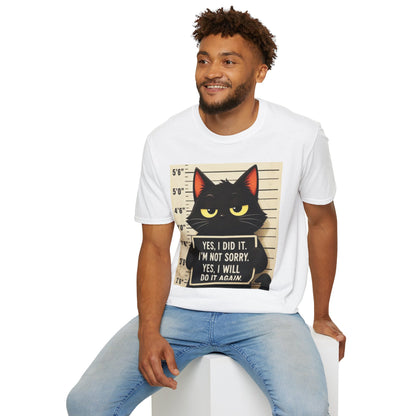 Mugshot Black Cat T-Shirt — “Yes I Did It, I’m Not Sorry” Cat Mugshot Tee