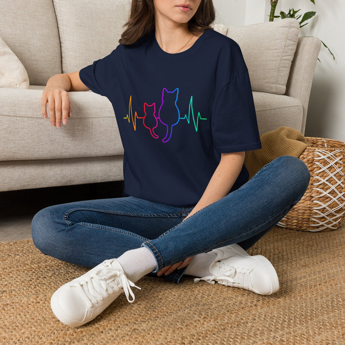 Cat Heartbeat T-Shirt — Rainbow Paw Pulse Graphic Tee