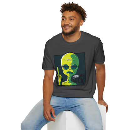 Alien Graphic T-Shirt — Retro Green Alien Flipping Off Humans Tee