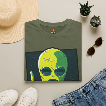 Alien Graphic T-Shirt — Retro Green Alien Flipping Off Humans Tee