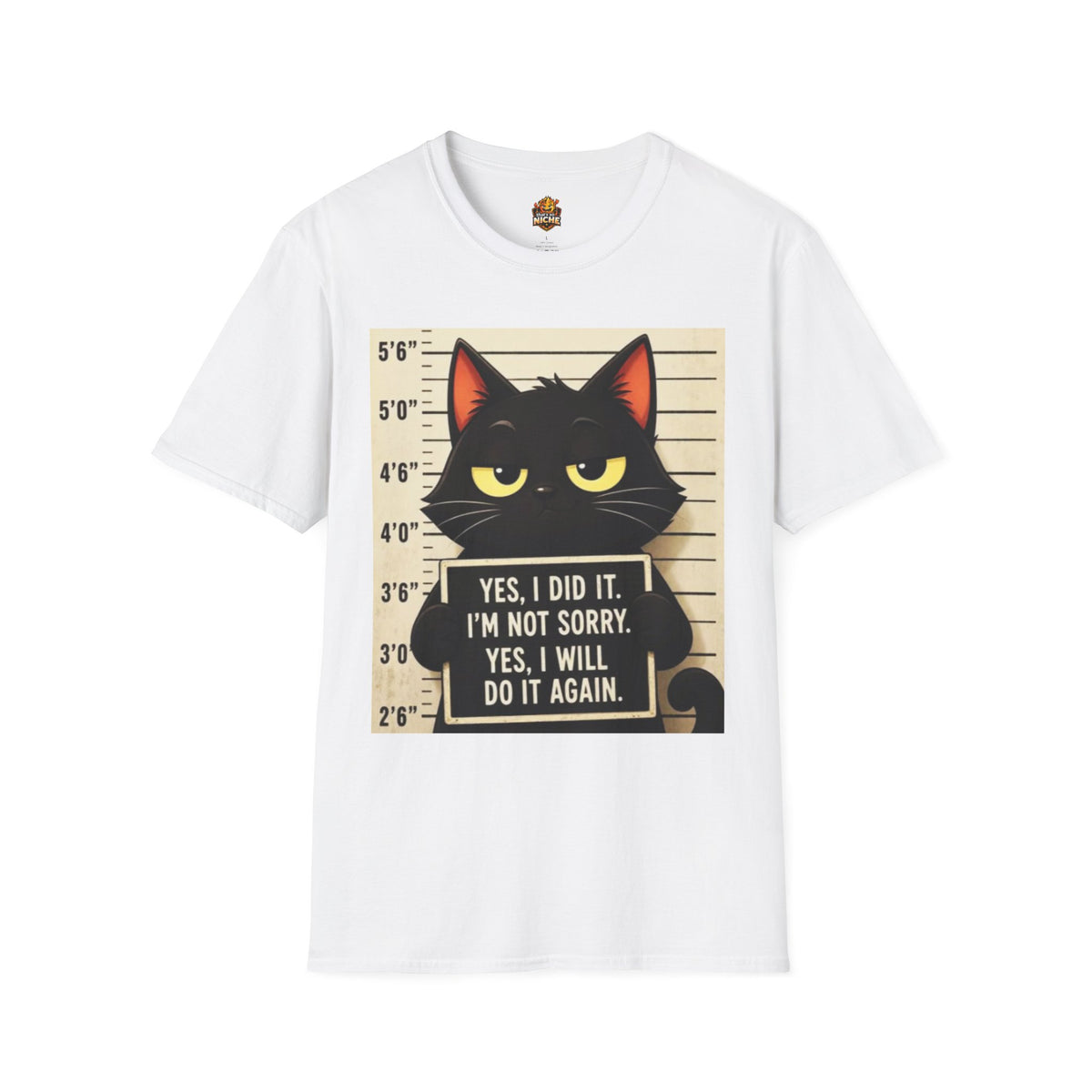 Mugshot Black Cat T-Shirt — “Yes I Did It, I’m Not Sorry” Cat Mugshot Tee