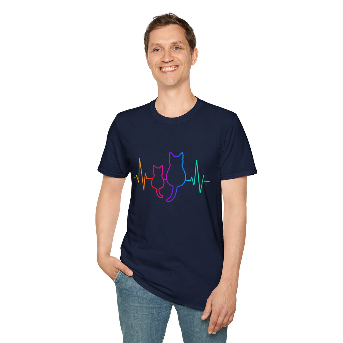Cat Heartbeat T-Shirt — Rainbow Paw Pulse Graphic Tee