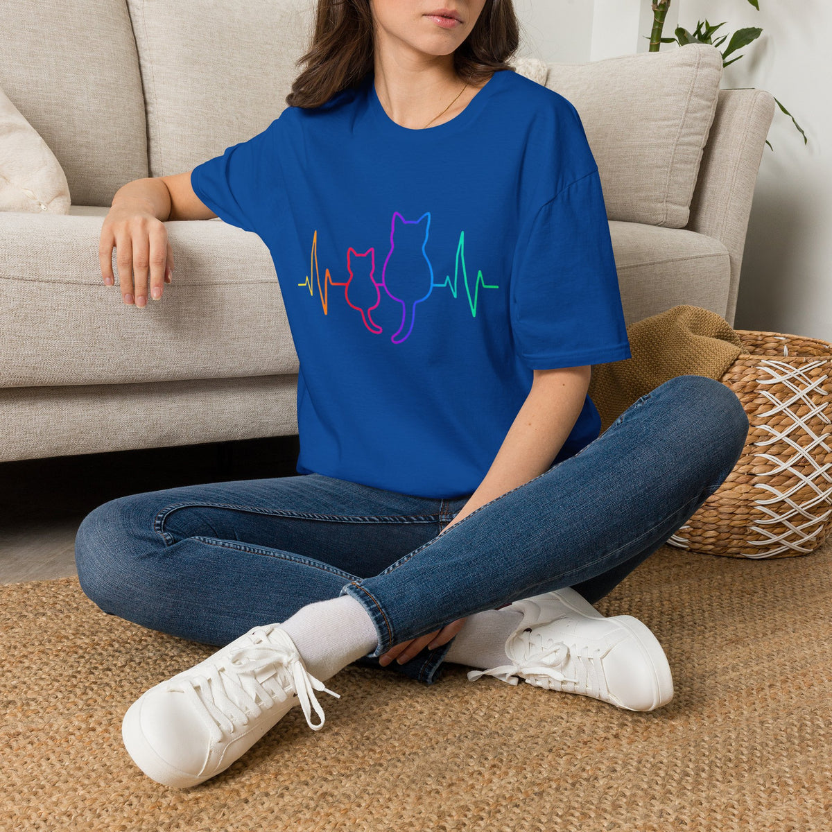 Cat Heartbeat T-Shirt — Rainbow Paw Pulse Graphic Tee