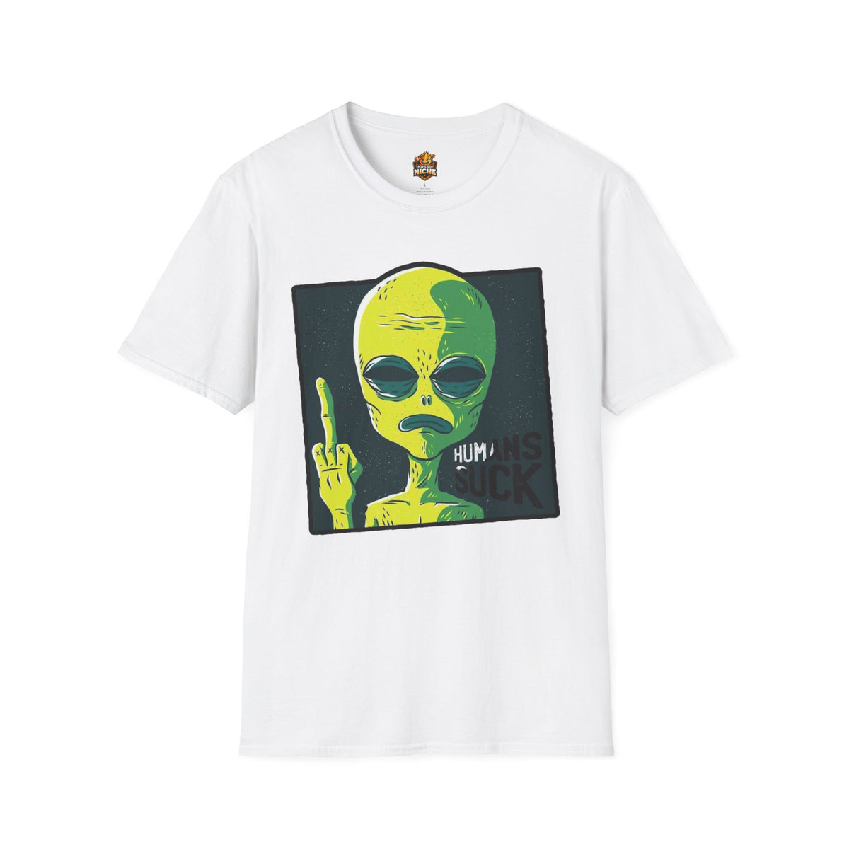 Alien Graphic T-Shirt — Retro Green Alien Flipping Off Humans Tee