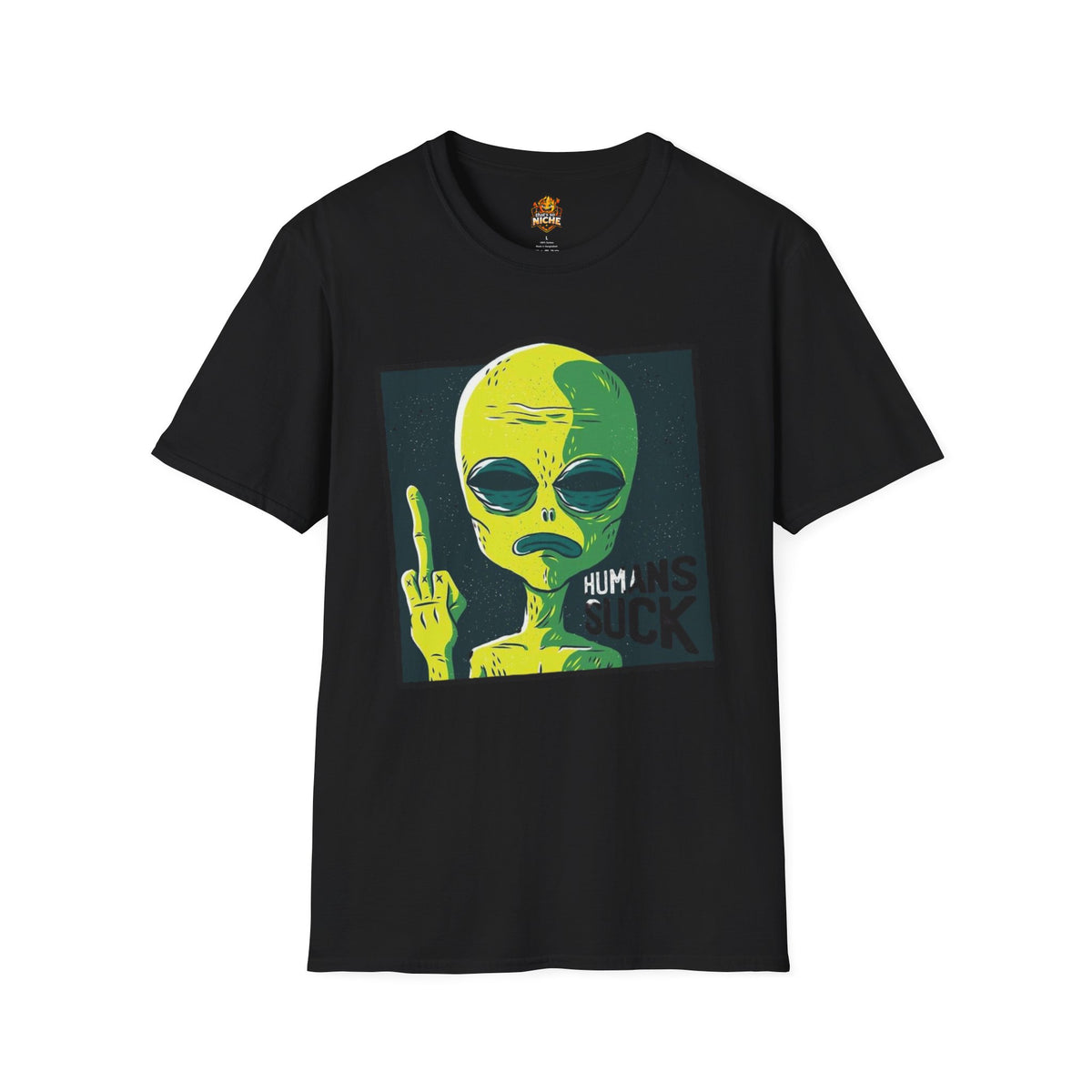 Alien Graphic T-Shirt — Retro Green Alien Flipping Off Humans Tee