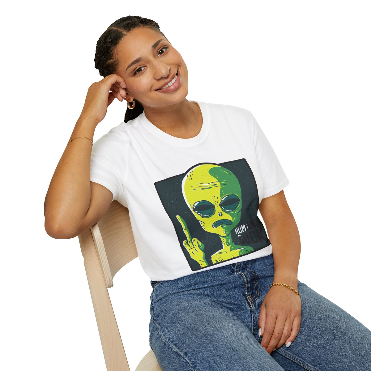 Alien Graphic T-Shirt — Retro Green Alien Flipping Off Humans Tee