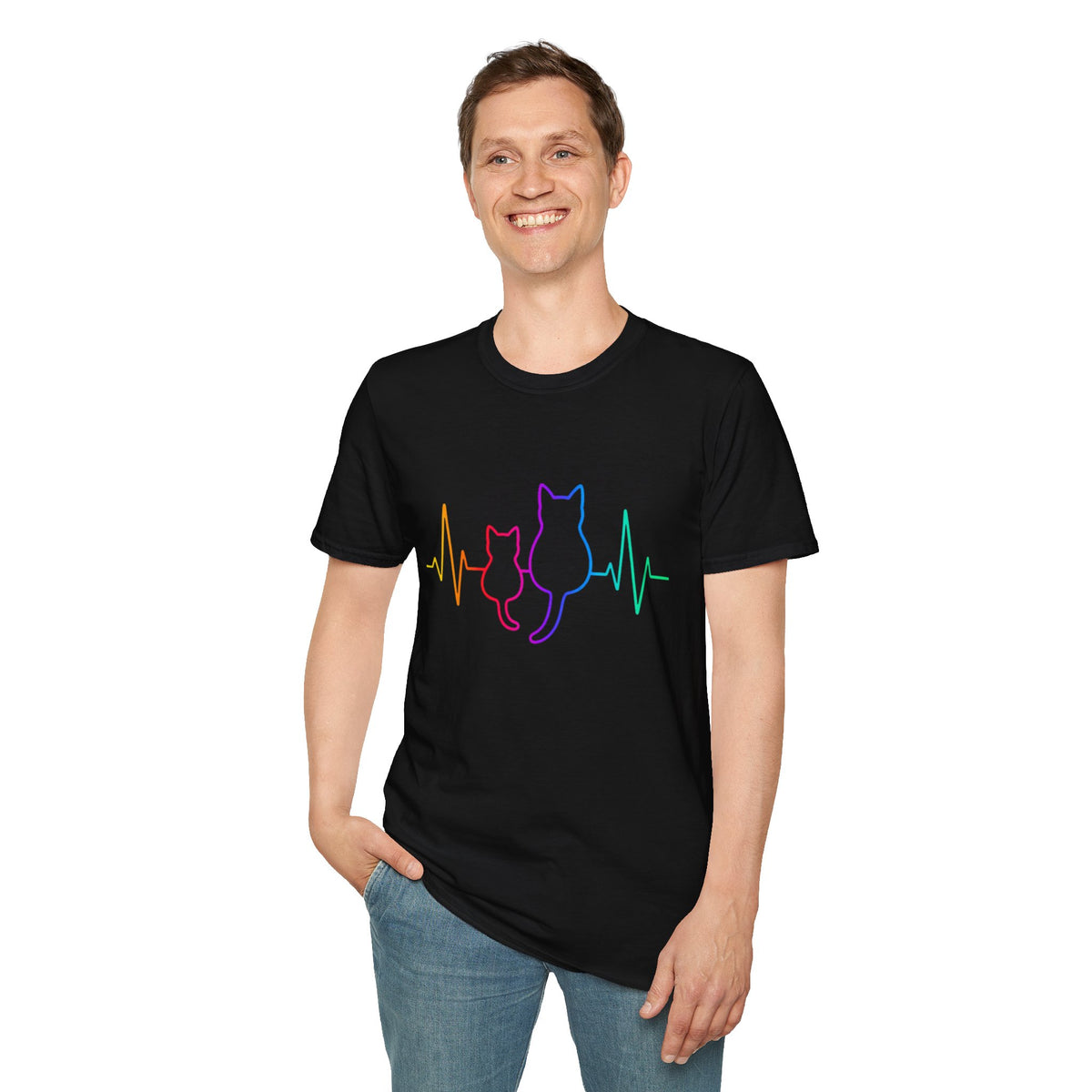 Cat Heartbeat T-Shirt — Rainbow Paw Pulse Graphic Tee