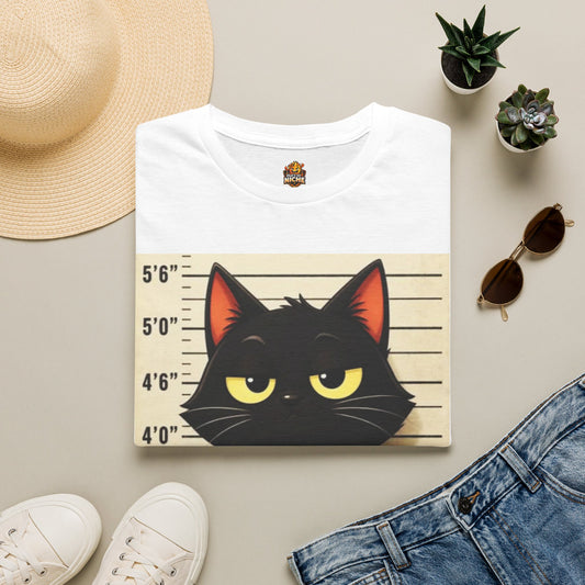 Mugshot Black Cat T-Shirt — “Yes I Did It, I’m Not Sorry” Cat Mugshot Tee