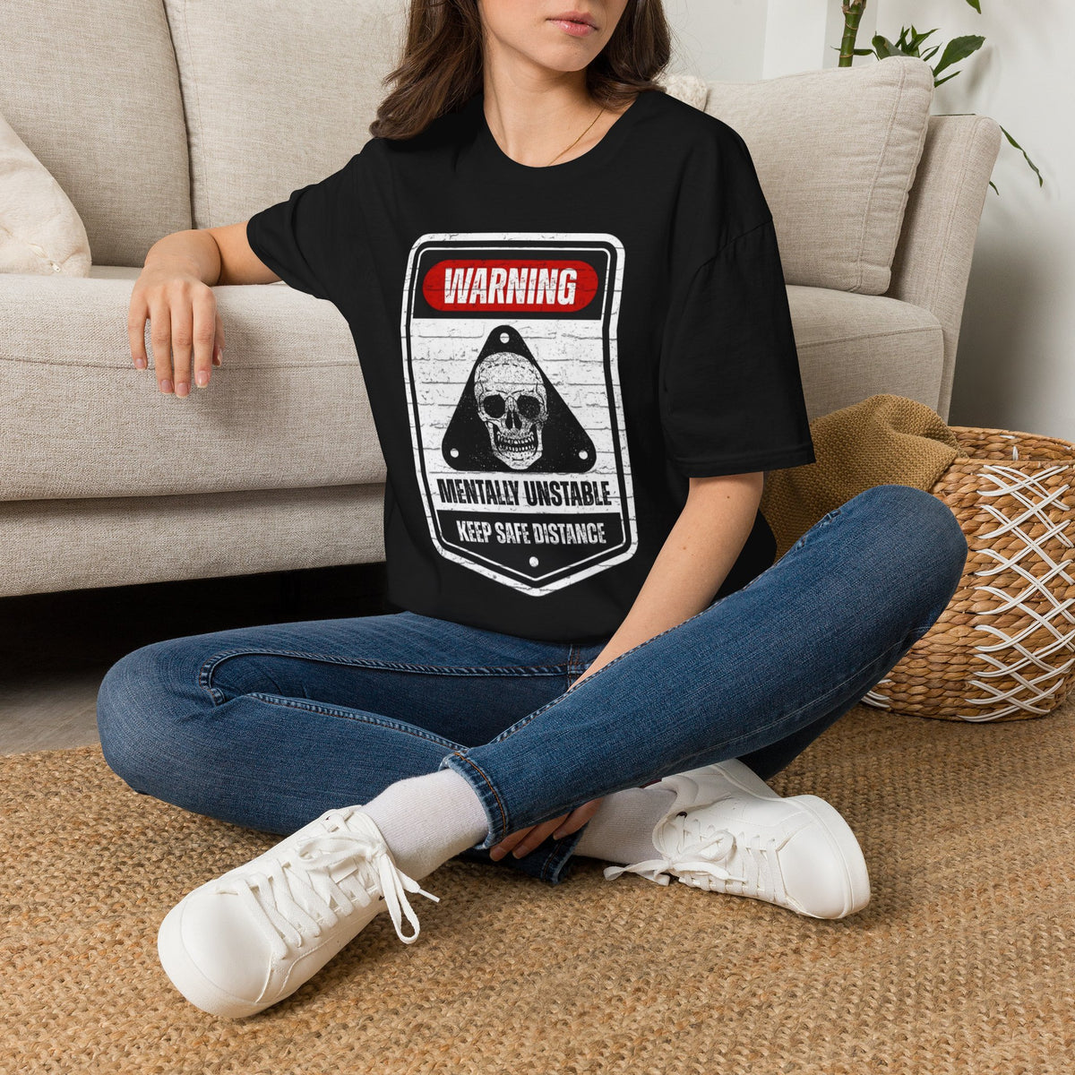 Warning Mentally Unstable T-Shirt — Distressed Skull Graphic Tee