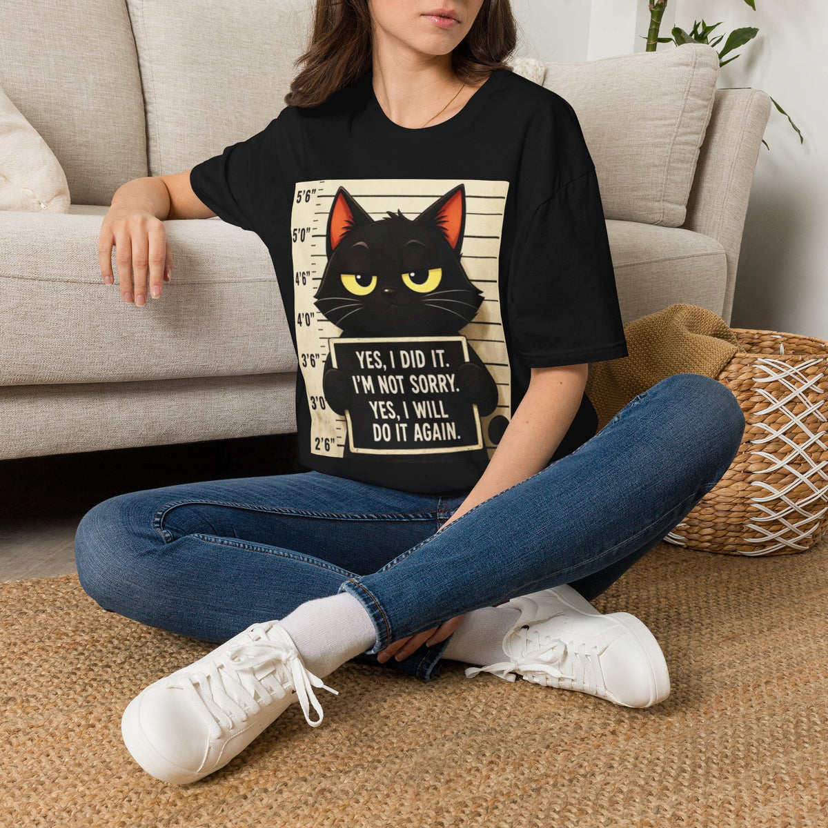 Mugshot Black Cat T-Shirt — “Yes I Did It, I’m Not Sorry” Cat Mugshot Tee