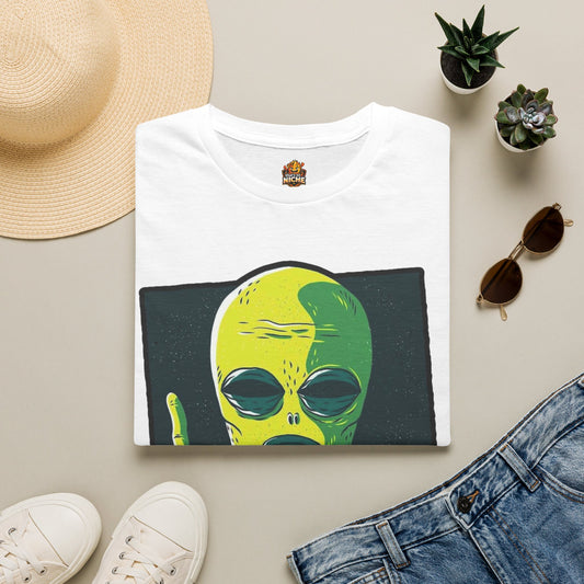 Alien Graphic T-Shirt — Retro Green Alien Flipping Off Humans Tee