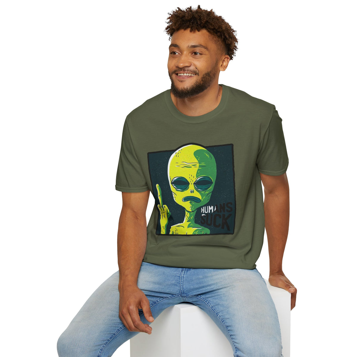 Alien Graphic T-Shirt — Retro Green Alien Flipping Off Humans Tee