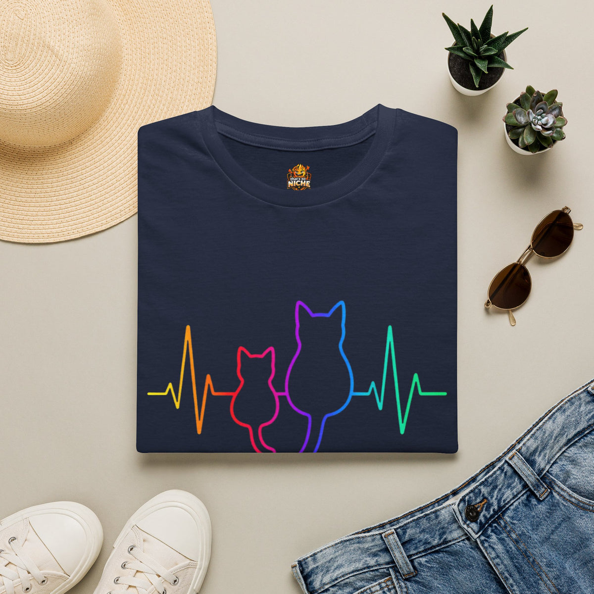 Cat Heartbeat T-Shirt — Rainbow Paw Pulse Graphic Tee