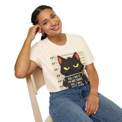 Mugshot Black Cat T-Shirt — “Yes I Did It, I’m Not Sorry” Cat Mugshot Tee