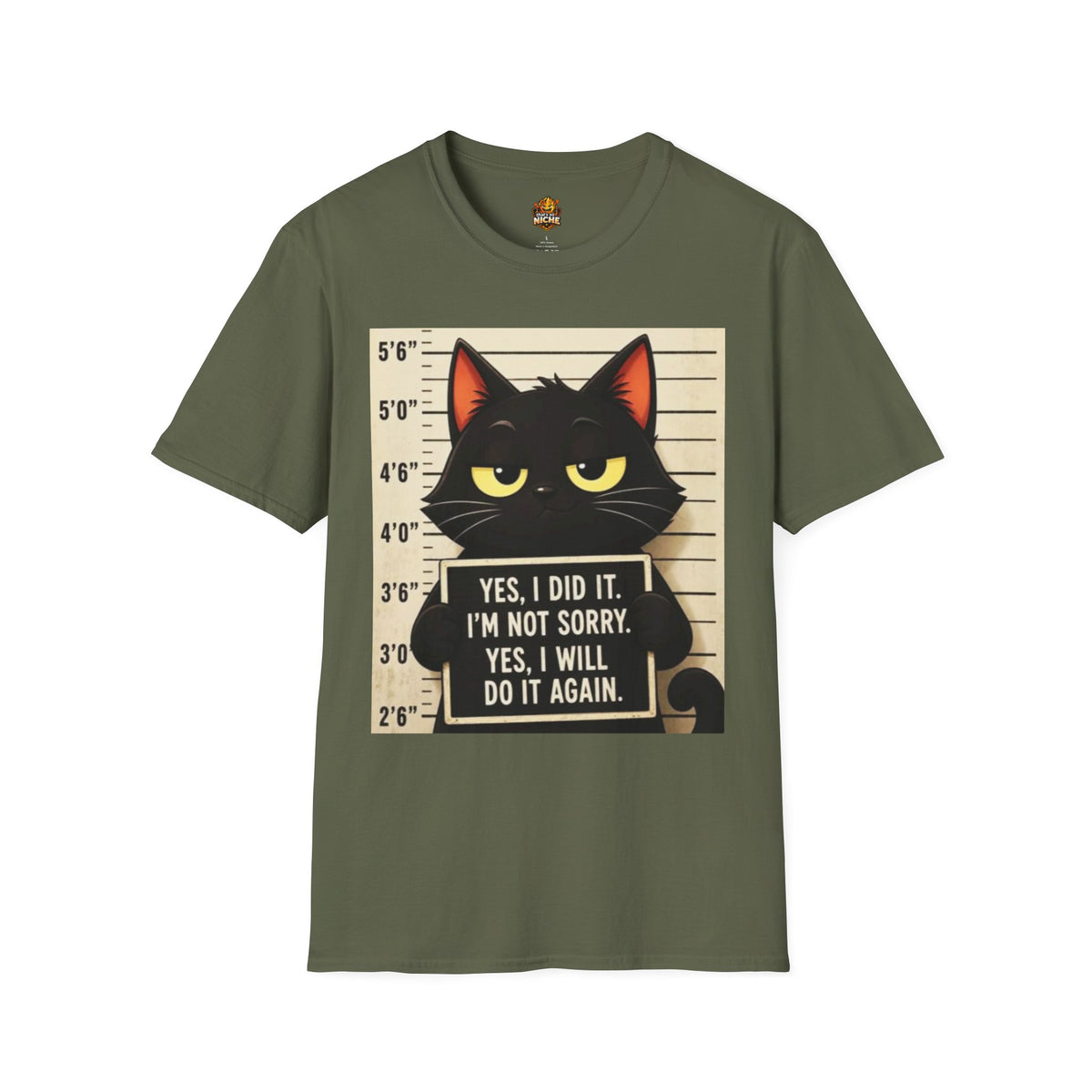 Mugshot Black Cat T-Shirt — “Yes I Did It, I’m Not Sorry” Cat Mugshot Tee