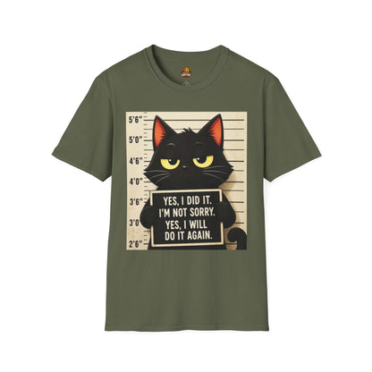 Mugshot Black Cat T-Shirt — “Yes I Did It, I’m Not Sorry” Cat Mugshot Tee