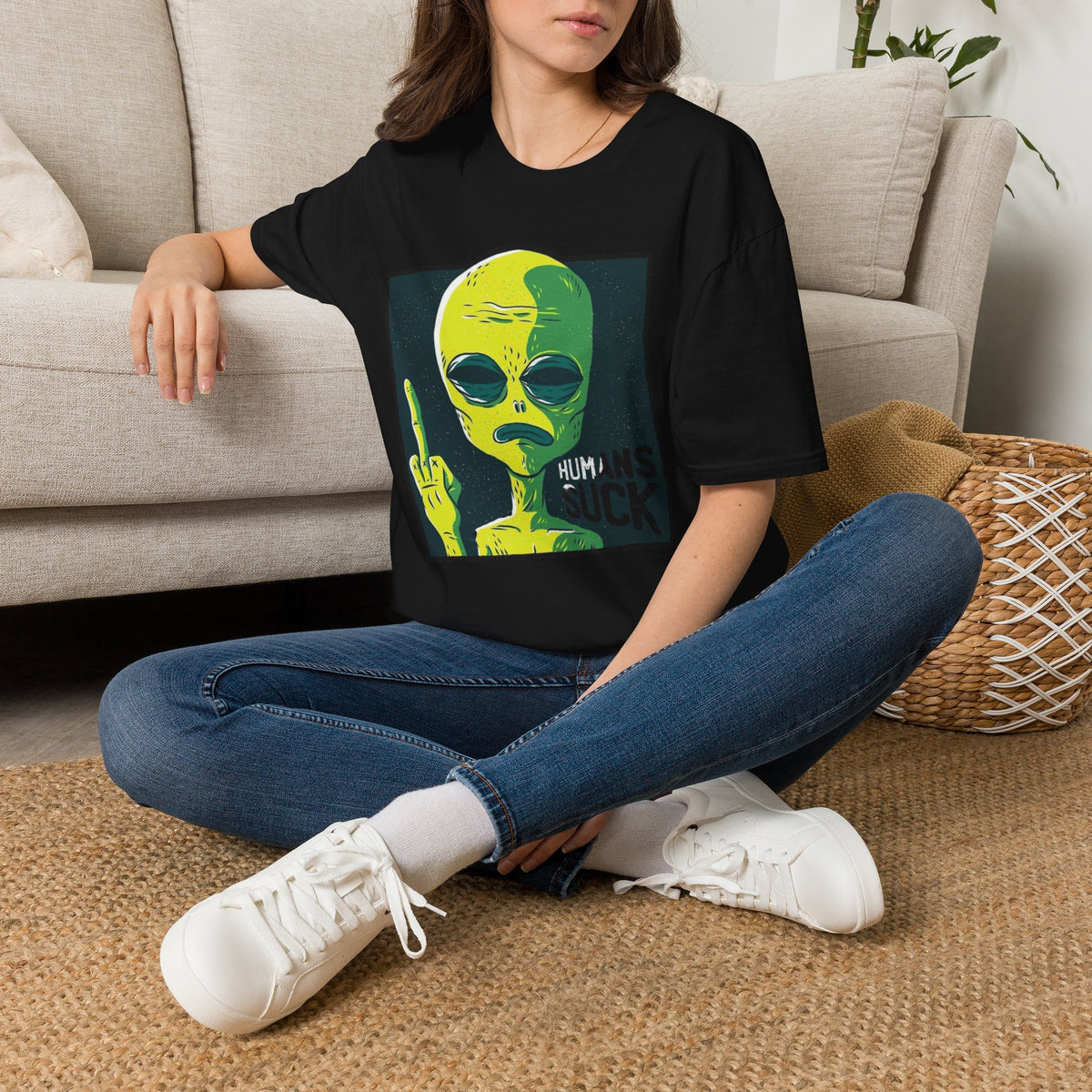 Alien Graphic T-Shirt — Retro Green Alien Flipping Off Humans Tee