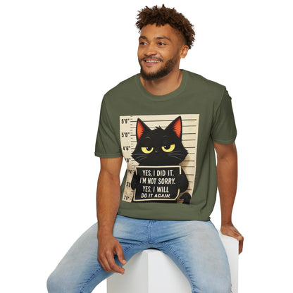 Mugshot Black Cat T-Shirt — “Yes I Did It, I’m Not Sorry” Cat Mugshot Tee
