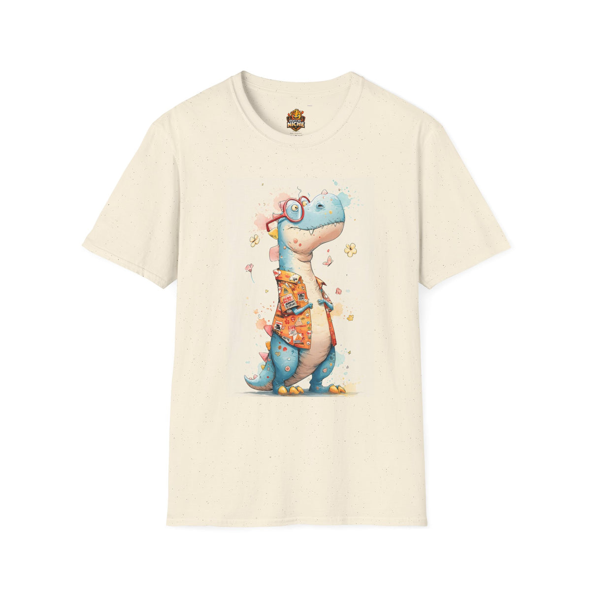 Cute Blue Dinosaur Graphic T-Shirt — Nerdy Dino Wearing Glasses & Hawaiian Shirt