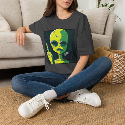 Alien Graphic T-Shirt — Retro Green Alien Flipping Off Humans Tee