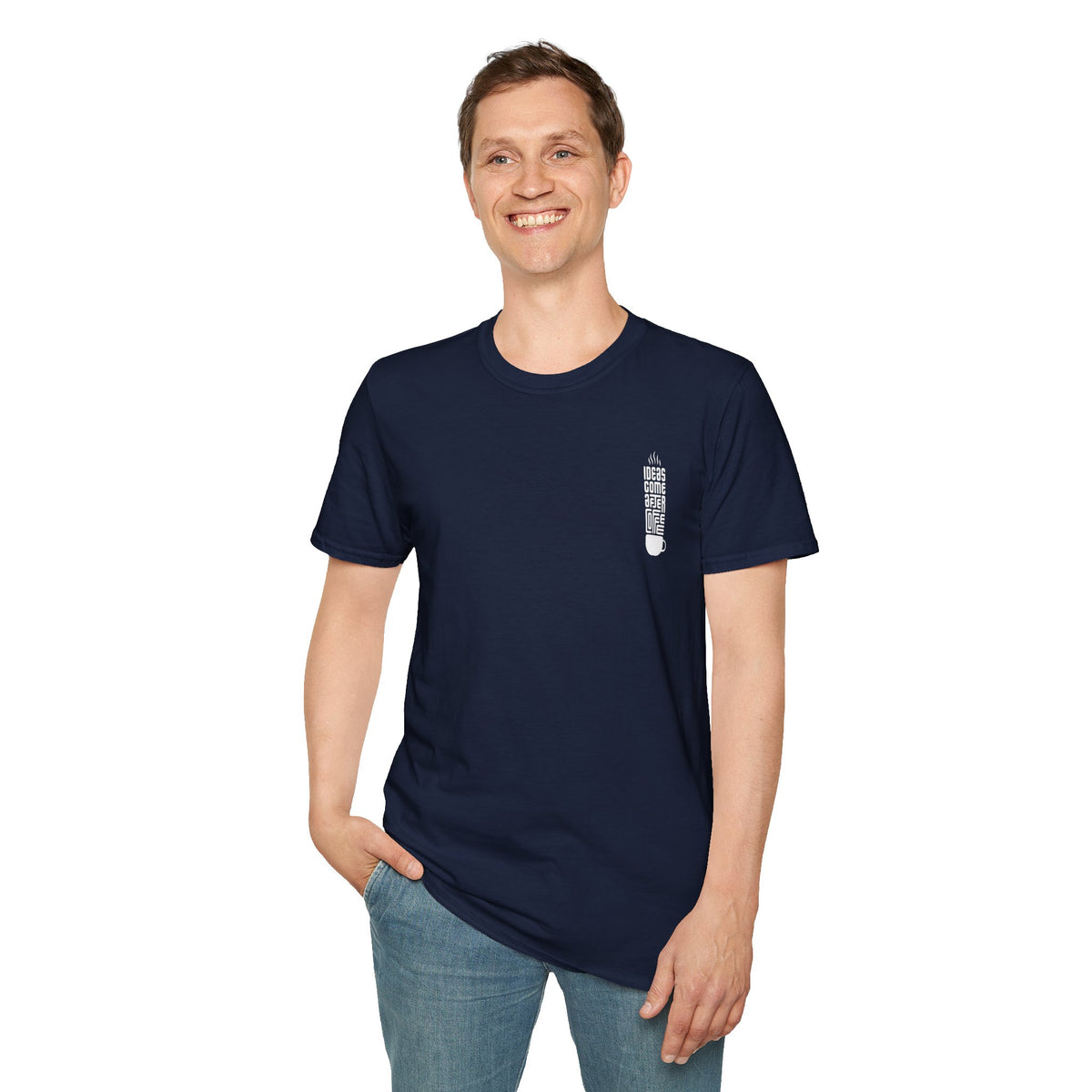 Coffee T-Shirt — "Ideas Come After Coffee" Minimal Pocket Graphic